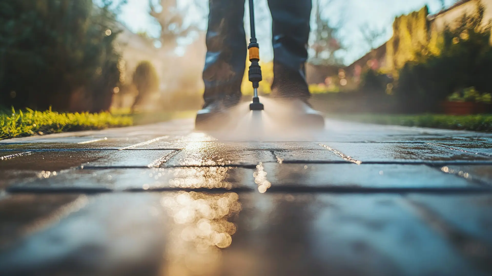 Limpieza de acera con máquina de presión